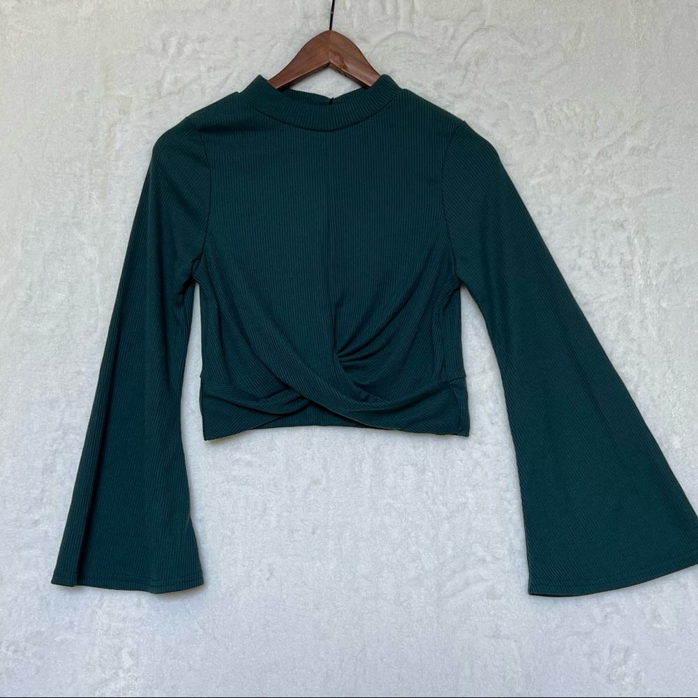 Nasty Gal Dark Green, Ribbed turtleneck bell sleeve crop top